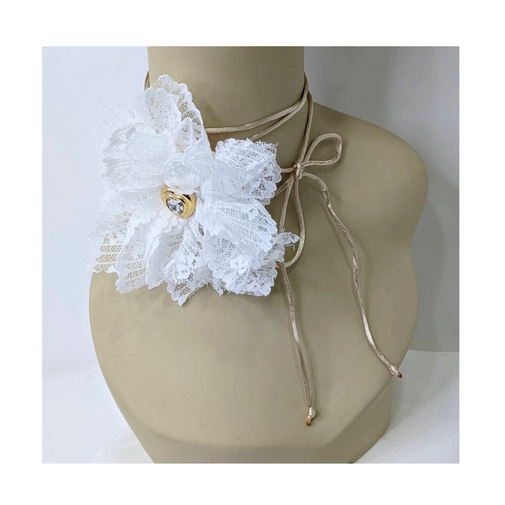 White Lace Necklace Upcycled Vintage Flower Choker Handmade Gold Heart Accent